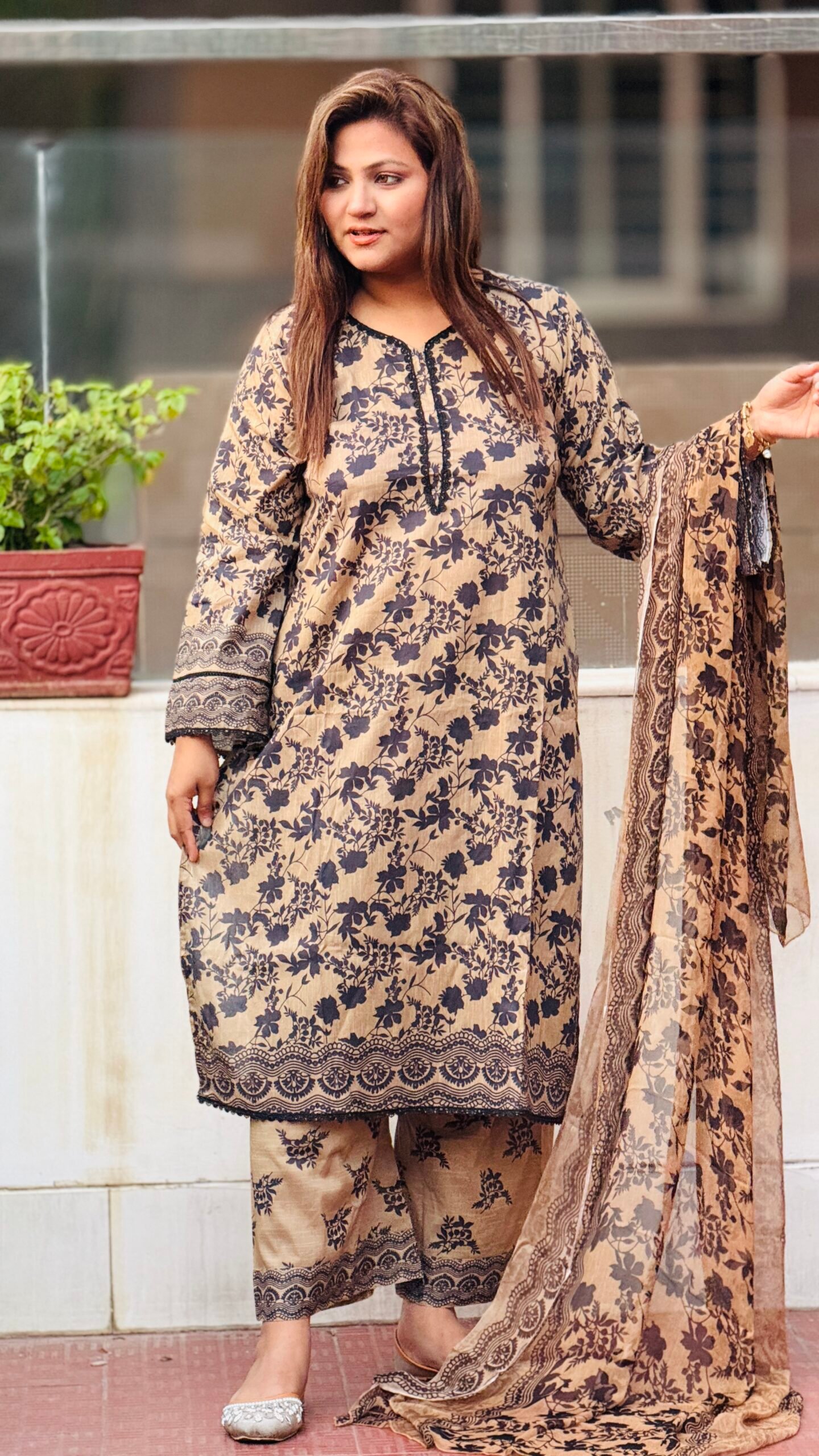 CoCo print with Chifon do-patta (Cappuccino Brown) - Image 2